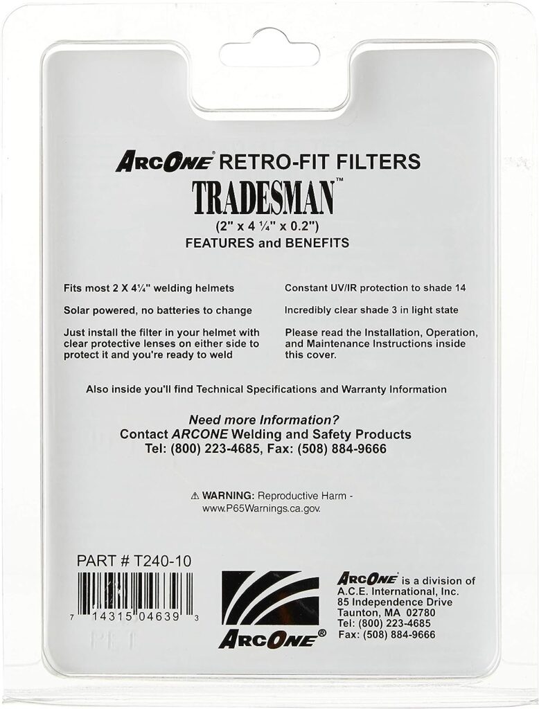 ArcOne T240-10 Tradesman Horizontal Auto-Darkening Filter for Welding Helmets, 2 x 4.25 x 0.2