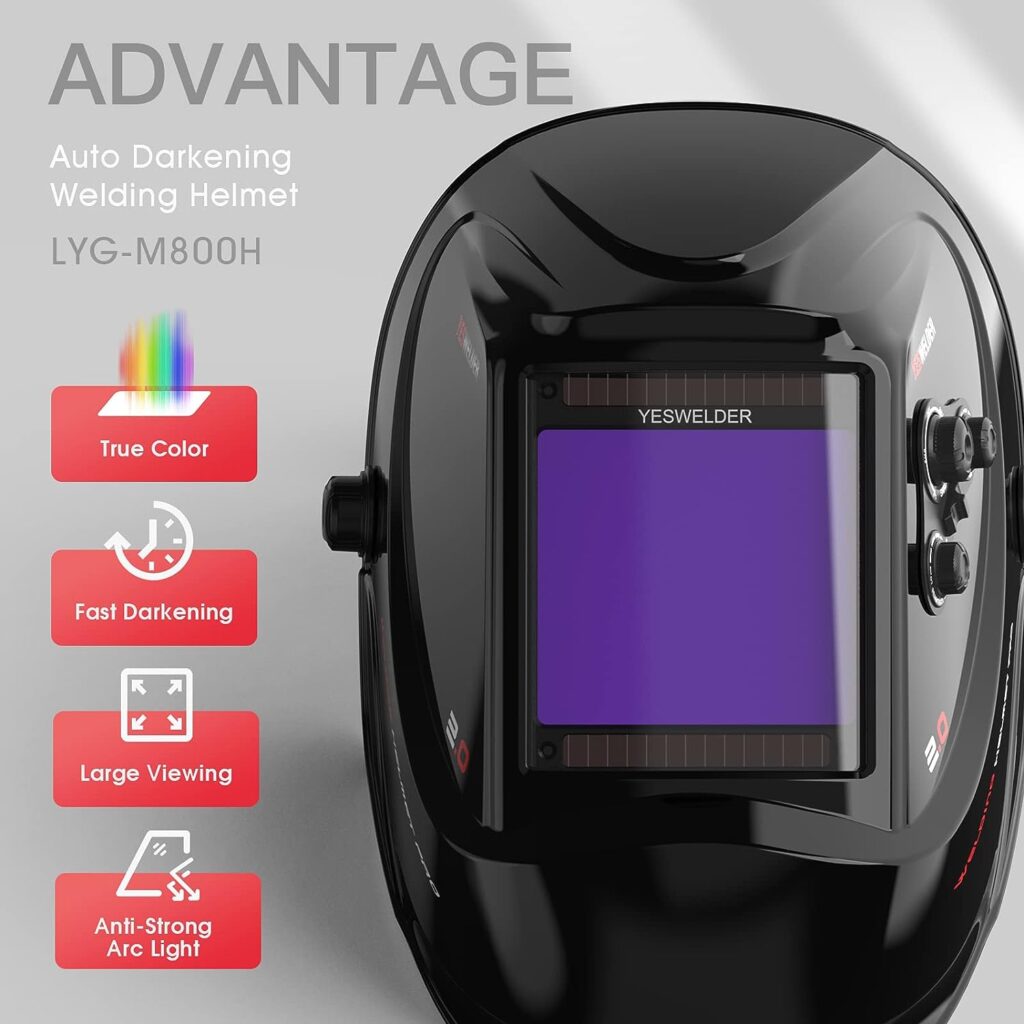 YESWELDER Large Viewing Screen 3.93X3.66 True Color Solar Power Auto Darkening Welding Helmet, 4 Arc Sensor Wide Shade 4/5-9/9-13 for TIG MIG Arc Weld Grinding Welder Mask LYG-M800H