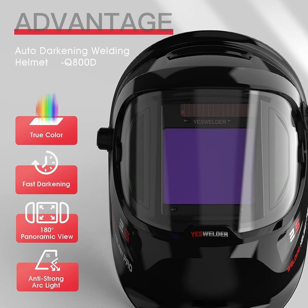 YESWELDER Large Viewing True Color Solar Powered Auto Darkening Welding Helmet with SIDE VIEW, 4 Arc Sensor Wide Shade 4/5-9/9-13 Welder Mask for TIG MIG ARC Grinding Plasma LYG-Q800D