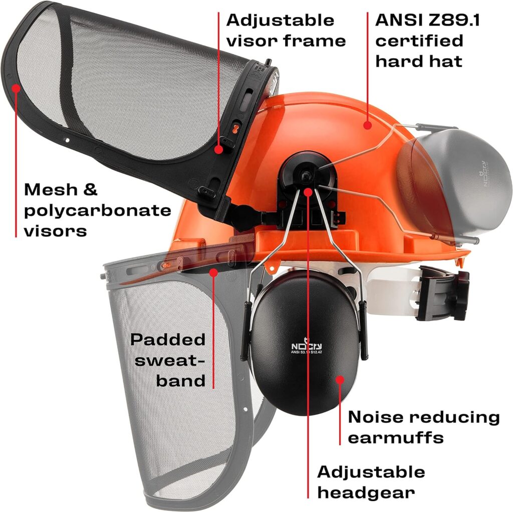 NoCry 6-in-1 Industrial Chainsaw Helmet with Built-In Helmet Ear Protection, Mesh Face Shield and Clear Plastic Face Visors, ANSI Z89.1 Certified Forestry Helmet, Arborist Helmet, Chainsaw Face Shield