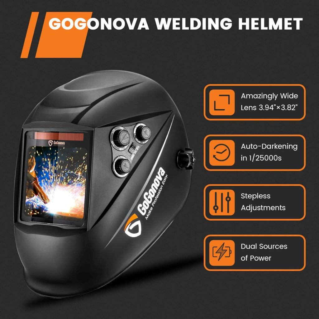 3.94”×3.82” Large Viewing Welding Hood, GoGonova Auto Darkening True Color Solar/Battery Powered Welder Mask, 4 Arc Sensor Wide Adjustable Shade DIN 5-9/9-13 for SMAW, MIG, TIG, GTAW, ARC