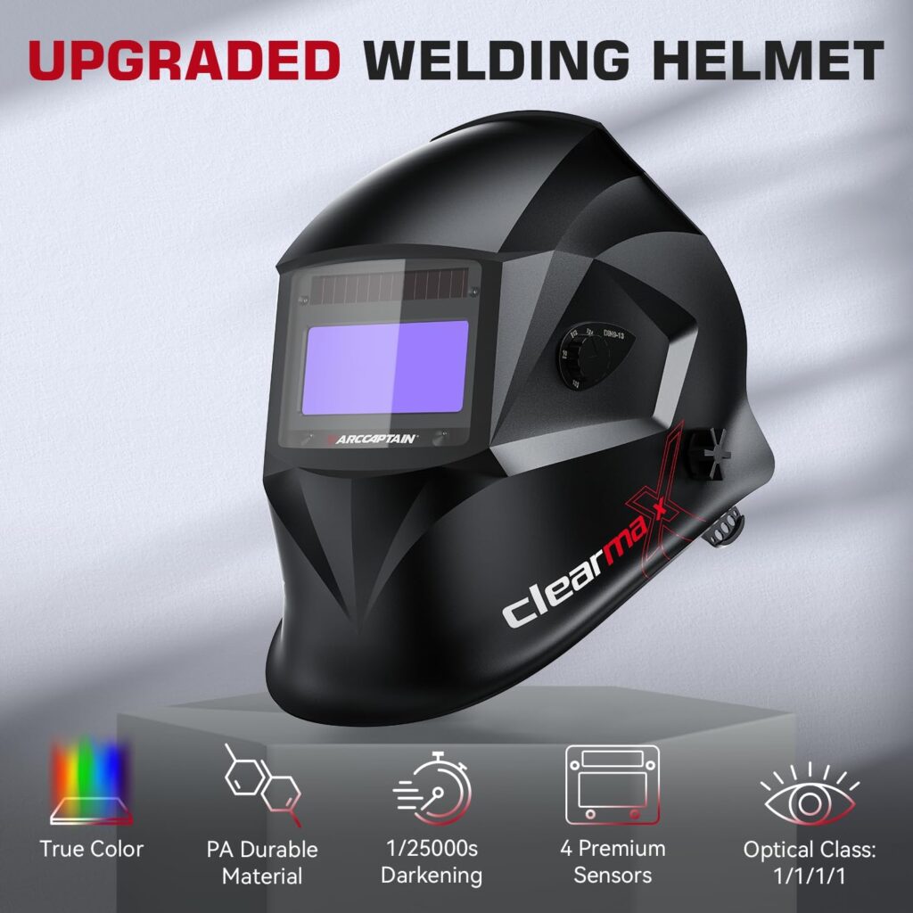 ARCCAPTAIN Large Viewing Screen Welding Helmet, 1/1/1/1 Top Optical Clarity Auto Darkening Welding Hood, 4 Arc Sensor 1/25000s Response Time True Color Ultra Light Welding Helmet with Adjustable Shade