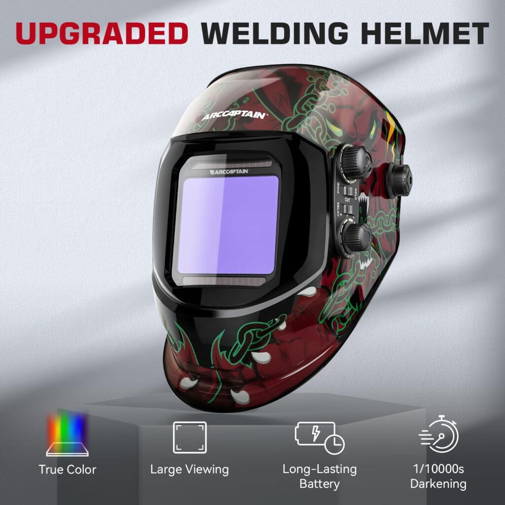 ARCCAPTAIN Welding Helmet Auto Darkening, 3.94X3.66 Large Viewing Screen True Color Welding Hood with 4 Arc Sensor Solar Powered, Wide Shade 4-5/5-9/9-13 for ARC TIG MIG Welding Helmets for Men