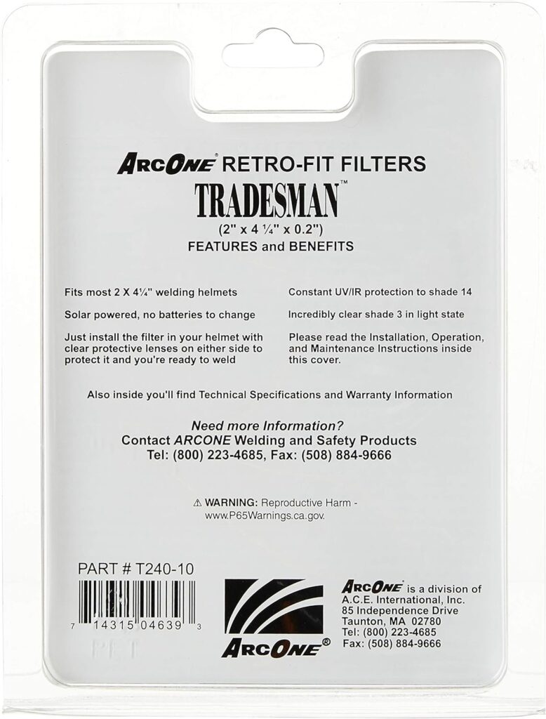 ArcOne T240-10 Tradesman Horizontal Auto-Darkening Filter for Welding Helmets, 2 x 4.25 x 0.2