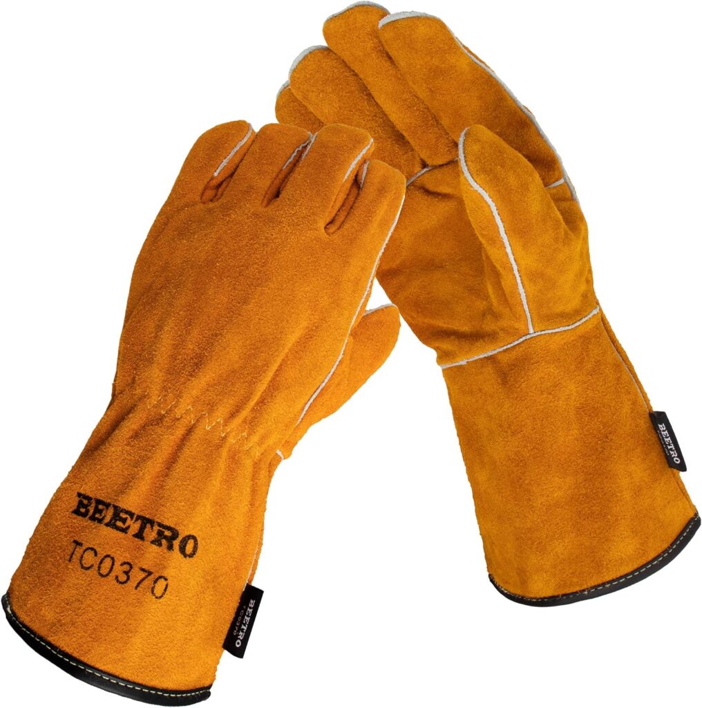 BEETRO Welding Gloves 1 Pair, Cow Leather Forge/Mig/Stick Welder Heat/Fire Resistant, Mitts for Oven/Grill/Fireplace/Furnace/Stove/Pot/Wood Burner/BBQ/Animal handling glove with Soft Lining