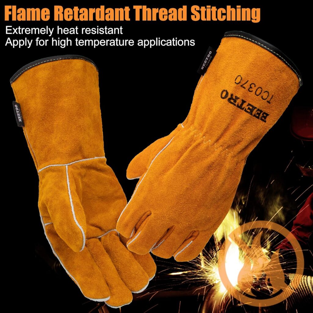 BEETRO Welding Gloves 1 Pair, Cow Leather Forge/Mig/Stick Welder Heat/Fire Resistant, Mitts for Oven/Grill/Fireplace/Furnace/Stove/Pot/Wood Burner/BBQ/Animal handling glove with Soft Lining