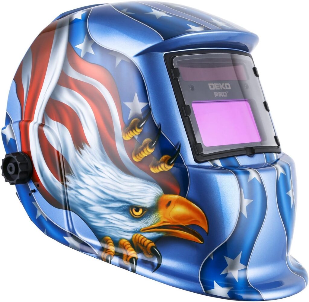 DEKOPRO Welding Helmet - Solar Power Auto Darkening Welding Helmet - Adjustable Shade Range 4/9-13 for Mig Tig - Arc Welder Mask (Blue Eagle)