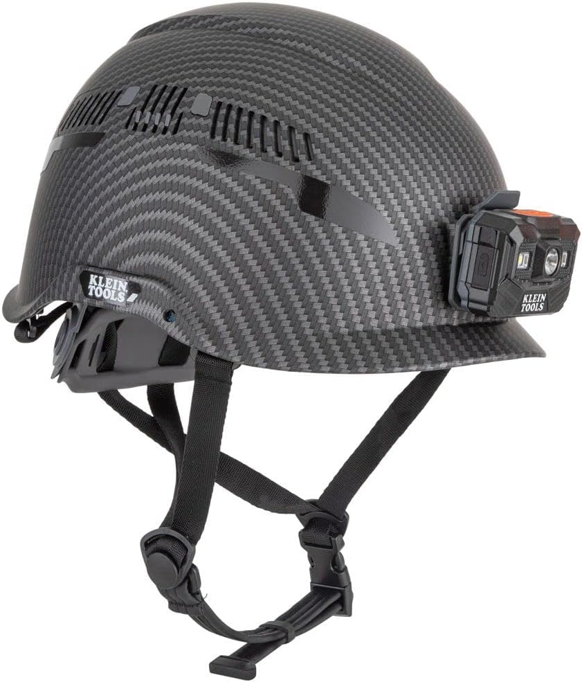 Klein Tools 60517 Safety Helmet, Vented Class C with Rechargeable Lamp and Chin Strap, Premium KARBN Pattern, Adjustable Vents