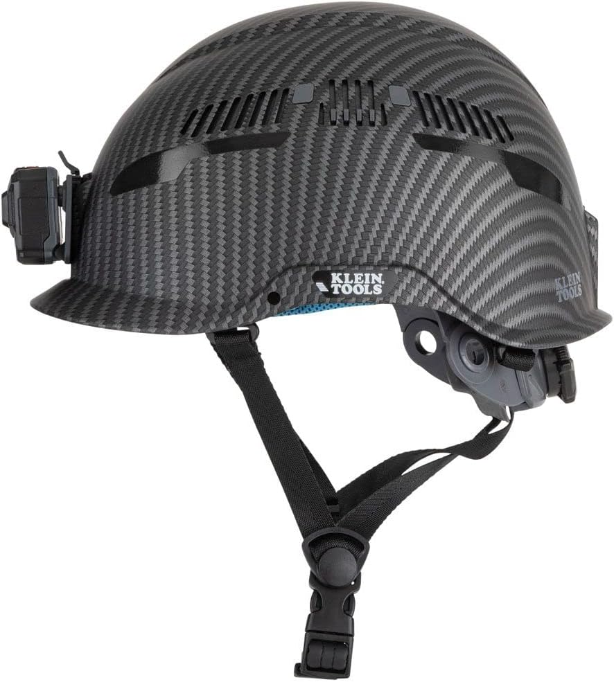 Klein Tools 60517 Safety Helmet, Vented Class C with Rechargeable Lamp and Chin Strap, Premium KARBN Pattern, Adjustable Vents