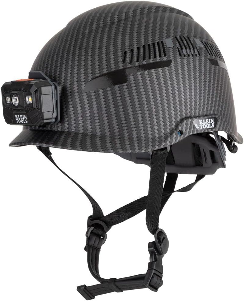 Klein Tools 60517 Safety Helmet, Vented Class C with Rechargeable Lamp and Chin Strap, Premium KARBN Pattern, Adjustable Vents