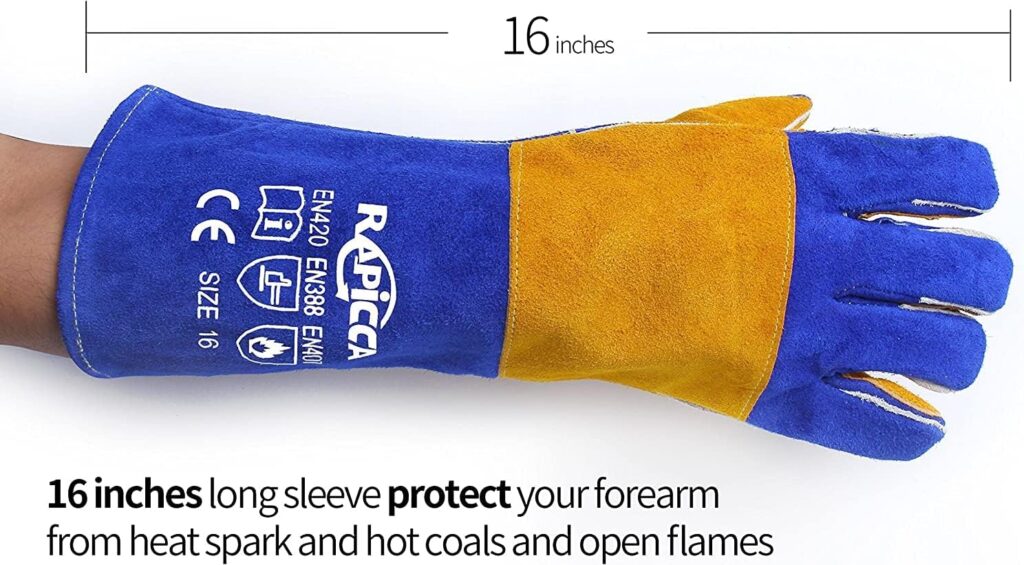 RAPICCA Welding Gloves Blue 16 Inches,932℉, Leather Forge/Mig/Stick Welding Gloves Heat/Fire Resistant, Mitts for Oven/Grill/Fireplace/Furnace/Stove/Pot Holder/BBQ/Animal Handling