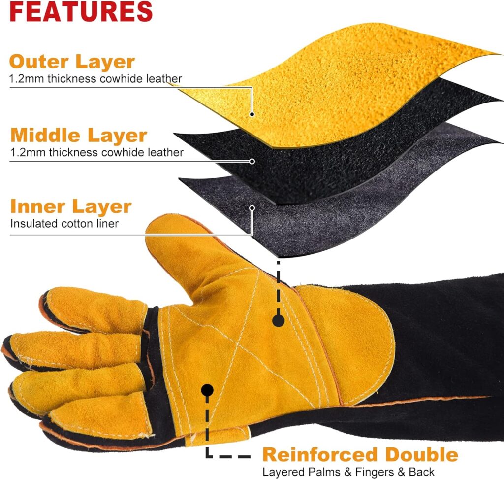 TOPDC Welding Gloves 16 Inches Fire/Heat Resistant Leather For Mig, Tig, Stick, Forge, BBQ, Grill, Fireplace, Wood Stove, Oven, Animal Handling for Safe, Loving Pet Care