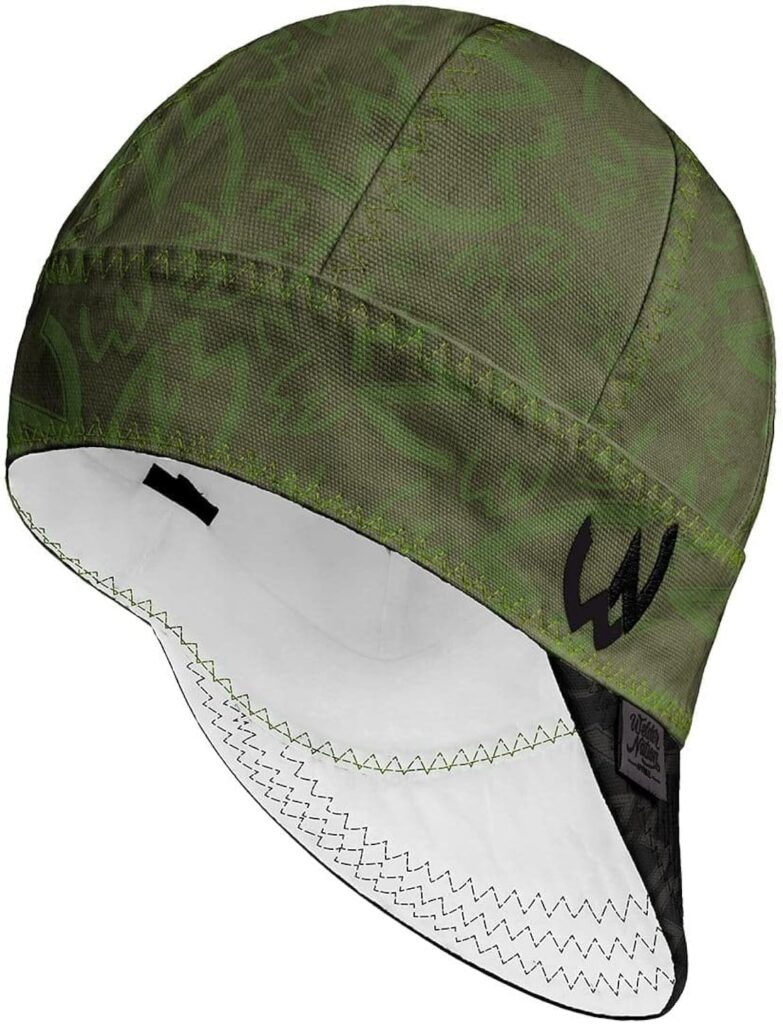 Welder Nation 8 Panel Soft, 8 oz Light Weight Cotton Welding Cap, Durable for Safety and Protection While Welding. Stick ARC. The Jackal Green Black