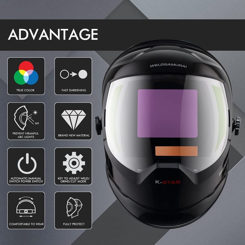 WELDSAMURAI Auto Darkening Welding Helmet, True Color Solar Power Welding Hood, 4 Arc Sensor Wide Shade 4/5-8/9-13 Welder Mask Shield with Grinding for TIG MIG MMA Plasma