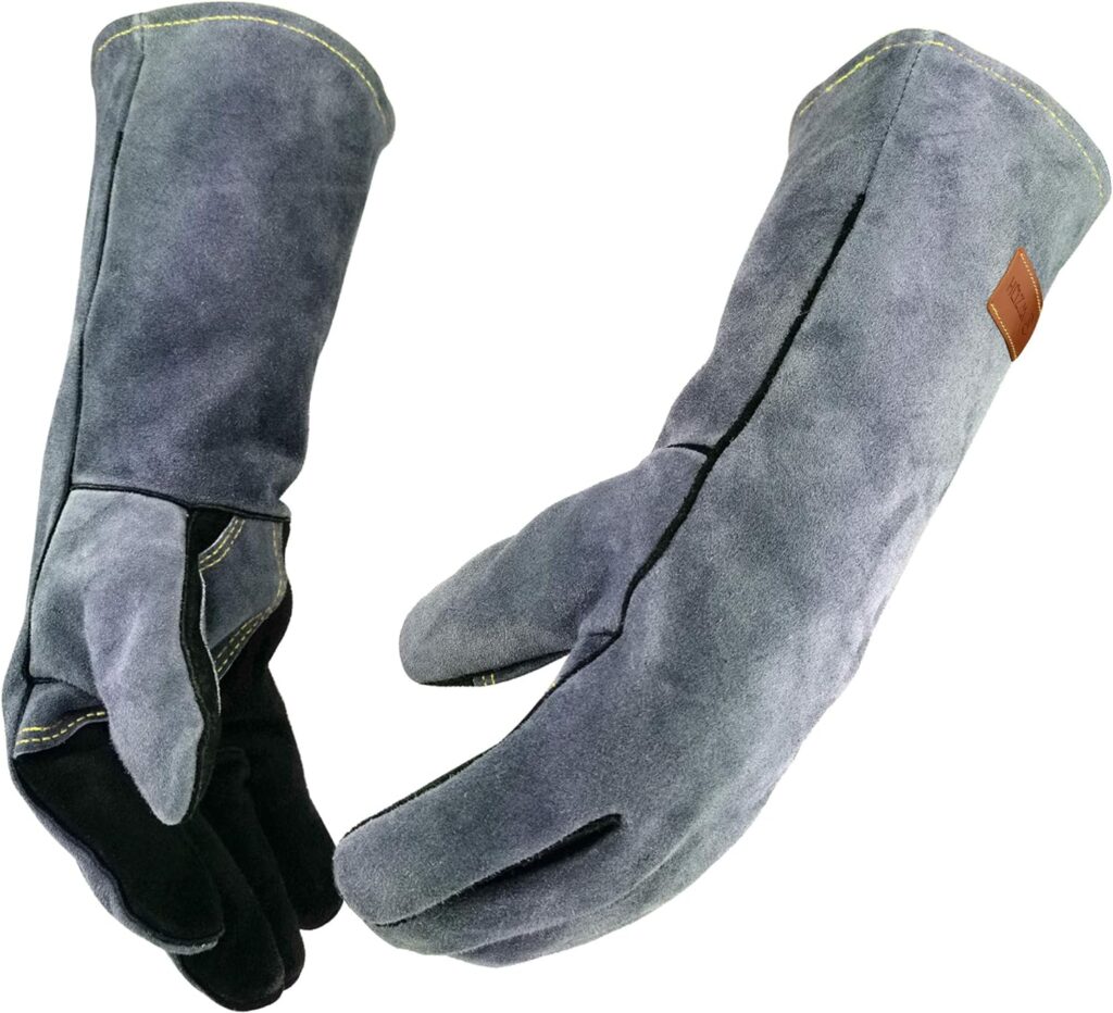 WZQH 16 Inches,932℉,Leather Forge Welding Gloves, Heat/Fire Resistant,Mitts for BBQ,Oven,Grill,Fireplace,Tig,Mig,Baking,Furnace,Stove,Pot Holder,Animal Handling Glove.Black-gray