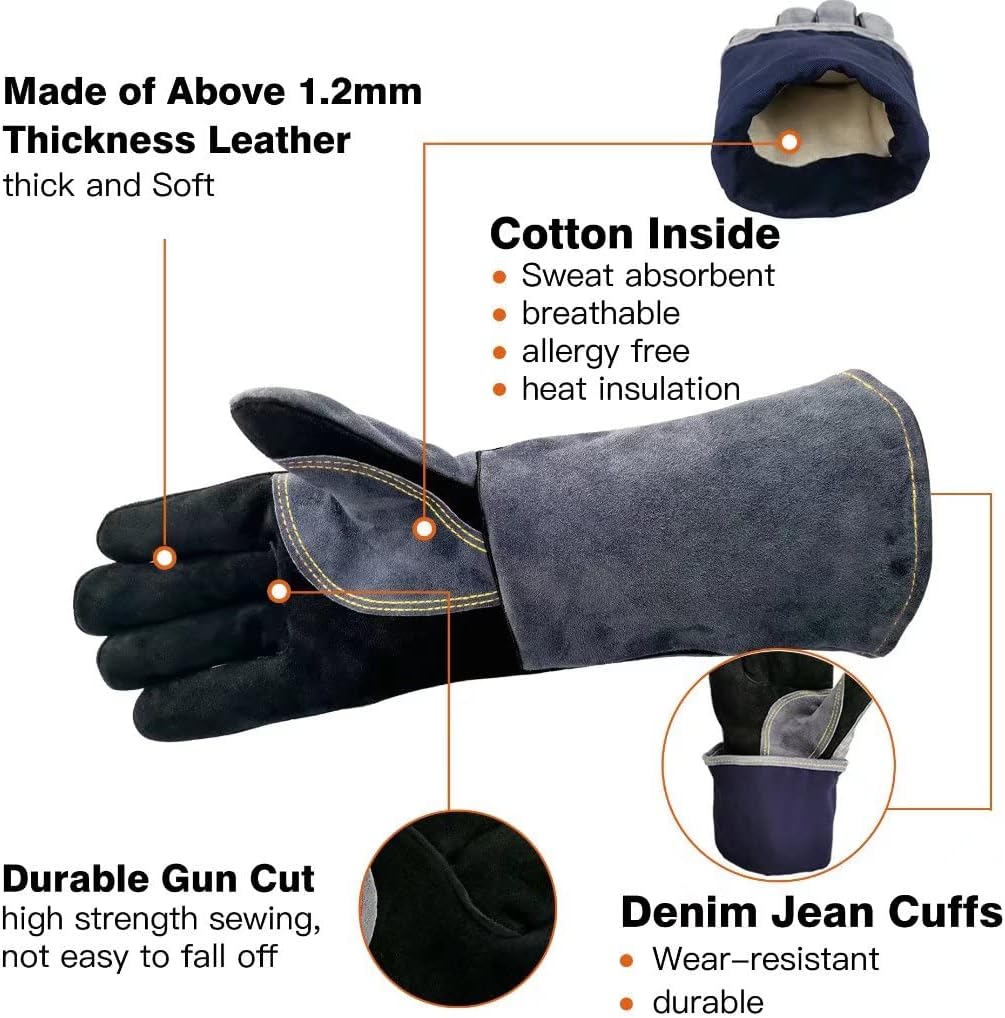 WZQH 16 Inches,932℉,Leather Forge Welding Gloves, Heat/Fire Resistant,Mitts for BBQ,Oven,Grill,Fireplace,Tig,Mig,Baking,Furnace,Stove,Pot Holder,Animal Handling Glove.Black-gray